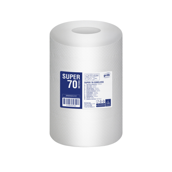 Roku dvieļi Grite Super 70 Coreless, balti, 2-kārt., 12gab, Ø12.7