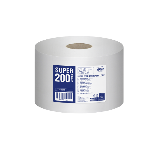 Tualetes papīrs GRITE Super 200T Centerfeed, balts, 2-kārt., 12gab, Ø19.7