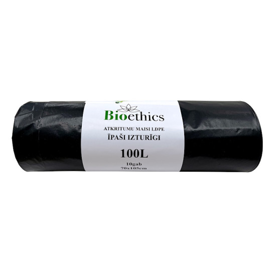 Мешки для мусора в рулоне BIOETHICS ĪPAŠI Izturīgi LDPE, черные, 100л/10шт/50мкр (0,68кг) (20)