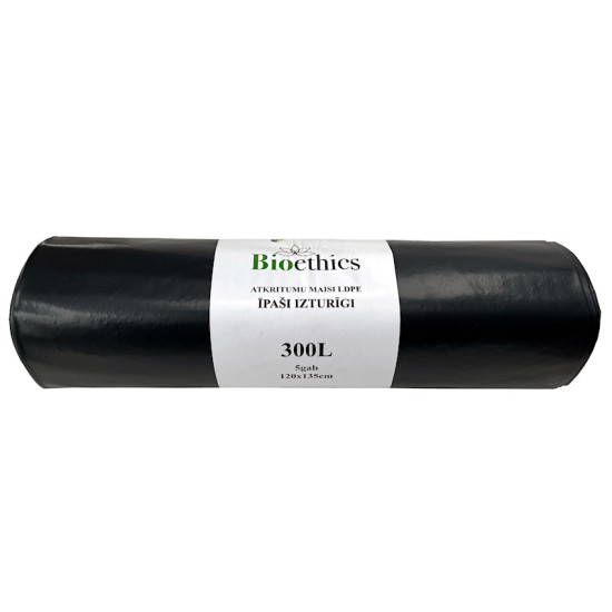 Мешки для мусора в рулоне BIOETHICS ĪPAŠI Izturīgi LDPE, черные, 300л/5шт/65мкр (0,97кг) (12)