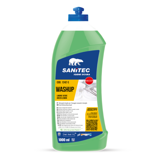 Trauku mazgāšanas līdzeklis Sanitec WASHUP Green Lemon, 1L (6)