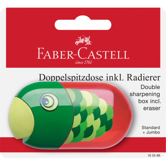 Zīmuļu asināmais Faber-Castell Parrot ar konteineru un dzēšgumiju, 2 diametri