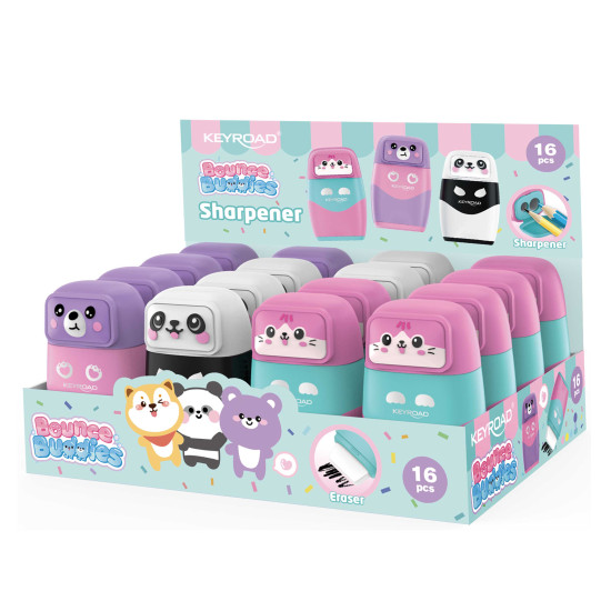 Zīmuļu asināmais Keyroad Bounce Buddies 2-in-1 ar konteineru un dzēšgumiju, divi diametri, asorti