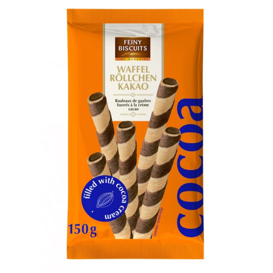 Vafeļu rullīši Feiny Biscuits ar kakao krēma pildījumu, 150g