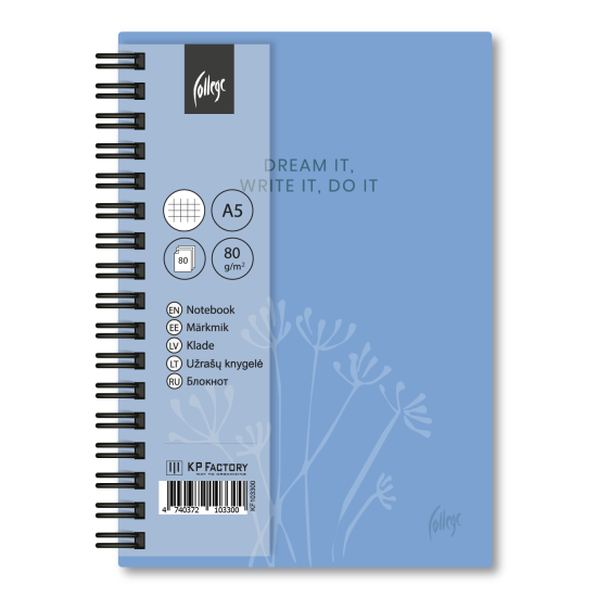 Rūtiņu klade ar spirāli College Soft-Touch A5, 80 lapas, cietos vākos, zila