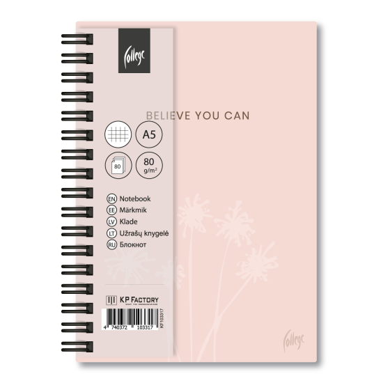 Rūtiņu klade ar spirāli College Soft-Touch A5, 80 lapas, cietos vākos, rozā