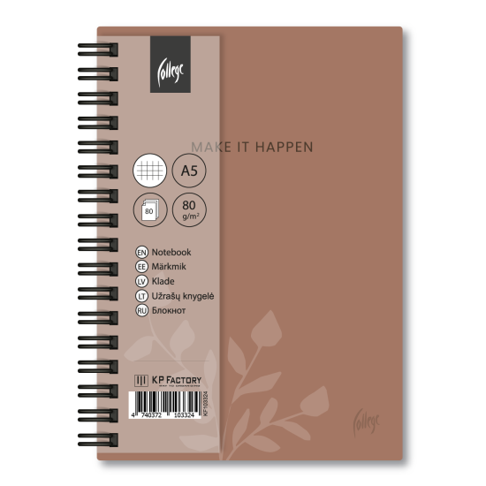 Rūtiņu klade ar spirāli College Soft Touch A5, 80 lapas, cietos vākos, gaiši brūna