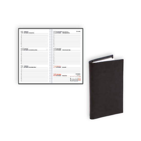 Kabatas plānotājs ar spirāli Pocket, mākslīgā āda, nedēļas atvērums, melns