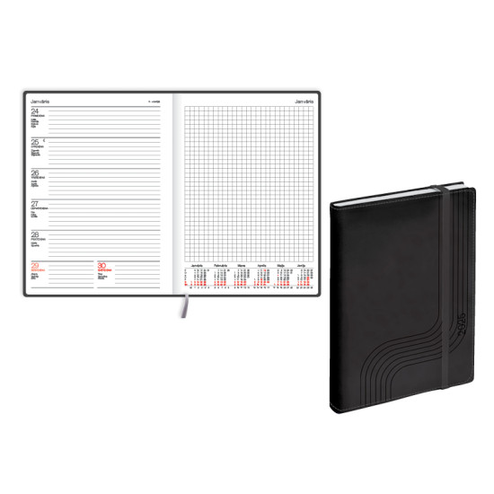 Plānotājs Quadro Soft A5, mākslīgā āda, nedēļas atvērums, melns