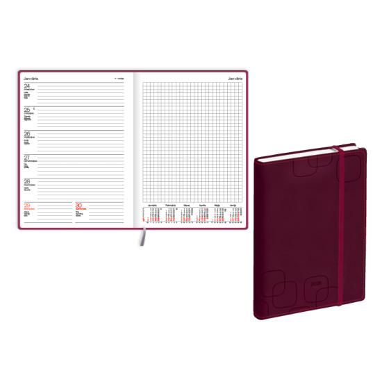 Plānotājs Quadro Soft A5, mākslīgā āda, nedēļas atvērums, bordo