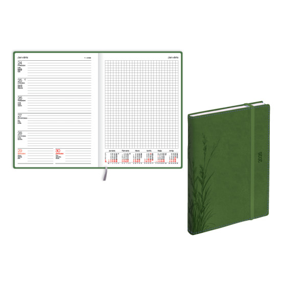 Plānotājs Quadro Soft A5, mākslīgā āda, nedēļas atvērums, zaļš