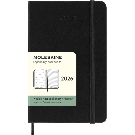 Kalender-märkmik Moleskine 2026 9x14cm, nädal, kõvad kaaned, must