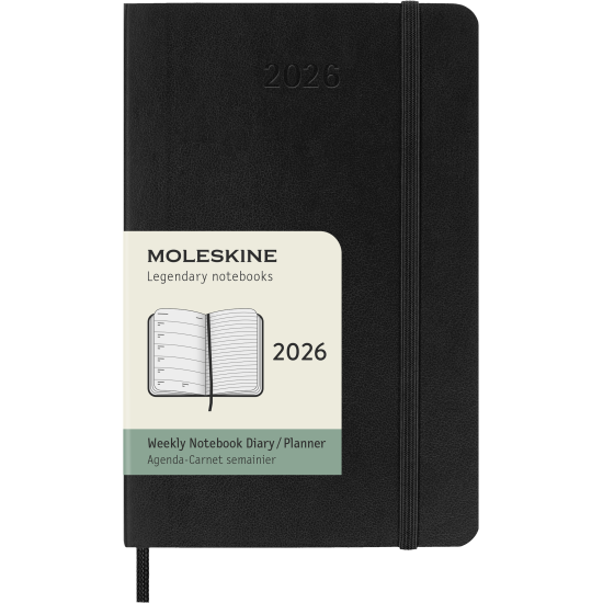 Kalender-märkmik Moleskine 2026 9x14cm, nädal, pehmed kaaned, must