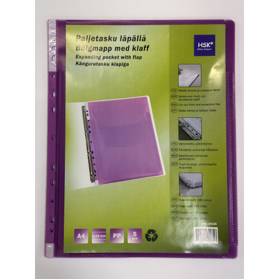 *Dokumentu kabata HSK A4, 180mikr, ar paplatinājumu un atloku, 5gab/iep, violeta