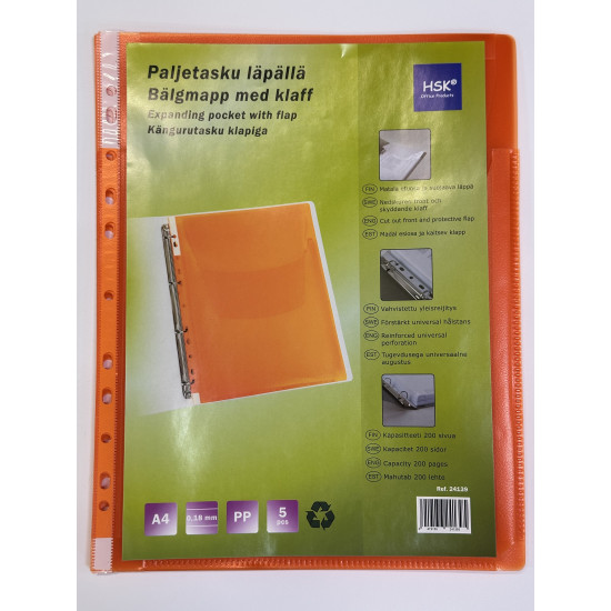 *Dokumentu kabata HSK A4, 180mic, ar paplatinājumu un atloku, 5gab/iep, oranža