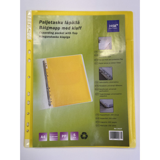 *Dokumentu kabata HSK A4, 180mikr, ar paplatinājumu un atloku, 5gab/iep, dzeltena