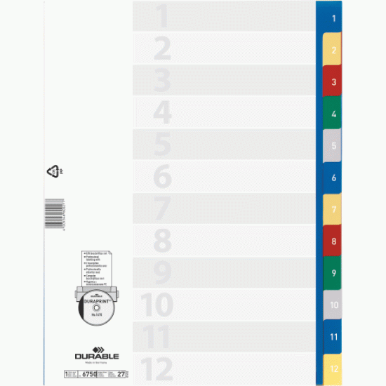 Plastikāta sadalītāji Durable A4, krāsaini, A-Z