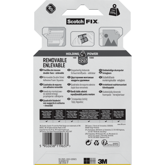 Abpusējie kvadrātiņi SCOTCH-FIX™ 108 12.7x12.7mm, 225g, 64gab/iep, noņemami