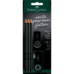 Zīmuļu komplekts Faber-Castell Grip 2001, 3 zīmuļi+asināmais+dzēšgumija, pelēks