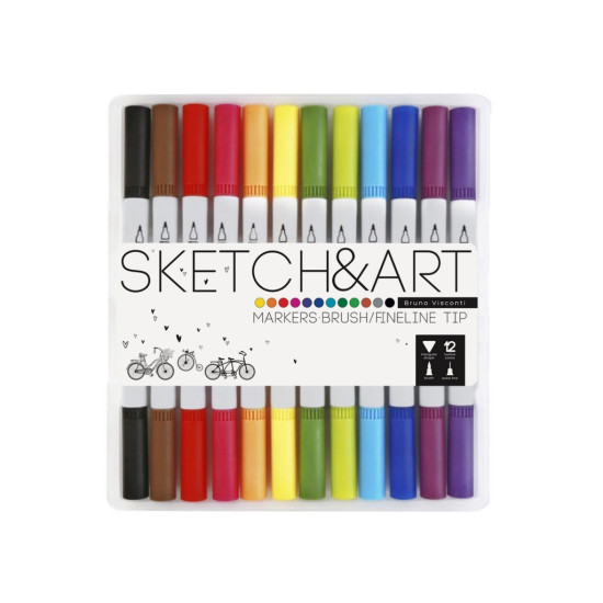 Маркеры двусторонние Sketch&Art 12 цветов кисточка линер