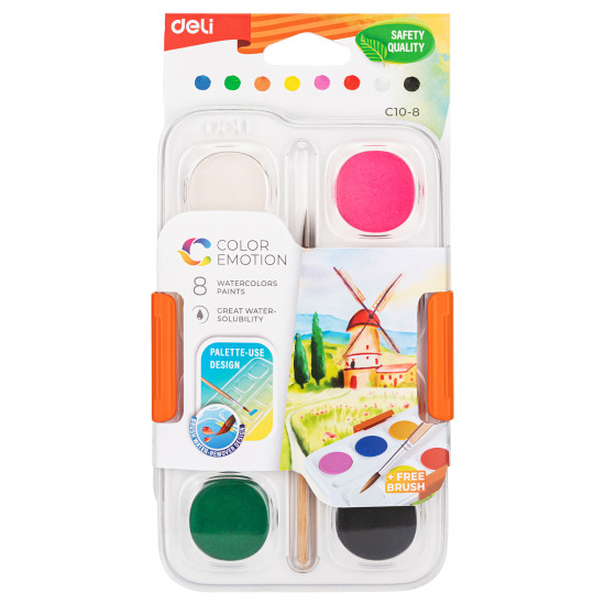 Акварель Deli EC10 8 цветов с кистью