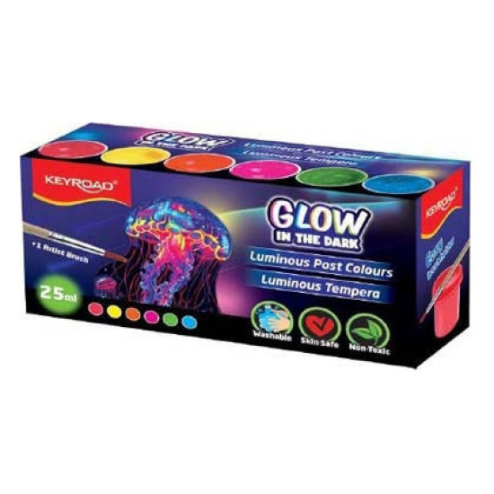 Guaša krāsas Keyroad luminiscējošas, 25 ml, 6 krāsas