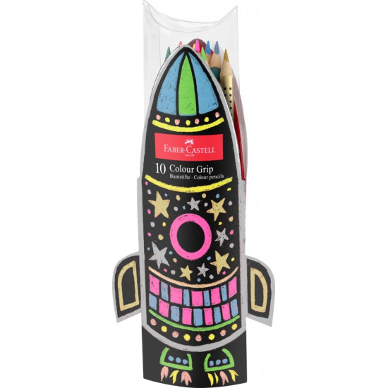 Krāsainie zīmuļi Faber-Castell Grip komplekts,10 neona krāsās metāliskā raķetē