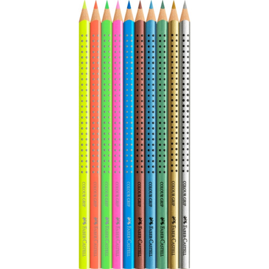 Krāsainie zīmuļi Faber-Castell Grip komplekts,10 neona krāsās metāliskā raķetē