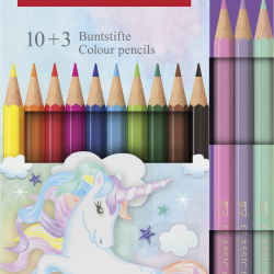 Trīsstūrveida krāsainie zīmuļi Faber-Castell Colour Grip Unicorn 10+3 krāsas
