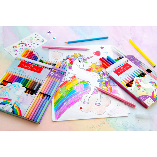 Trīsstūrveida krāsainie zīmuļi Faber-Castell Colour Grip Unicorn 10+3 krāsas