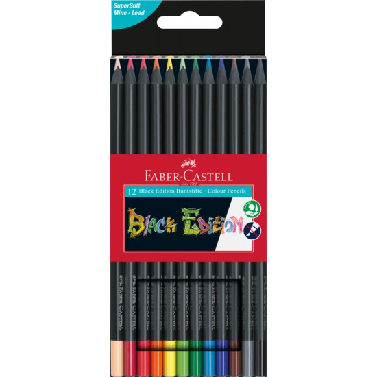 Trīsstūrveida krāsainie zīmuļi Faber-Castell Black Edition, 12 krāsas