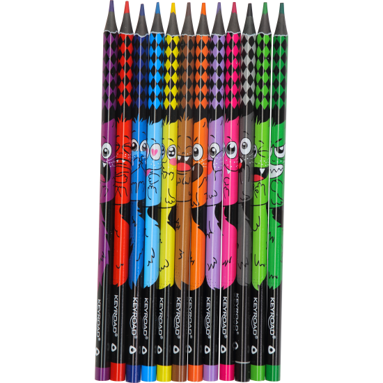 Trīsstūrveida krāsainie zīmuļi Keyroad Black-Cute 12 krāsas, plastikāta,