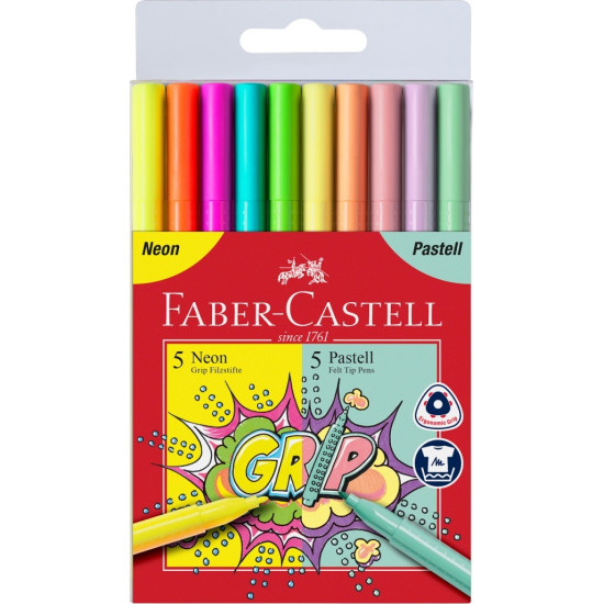Trīsstūrveida flomasteri Faber Castel, 5 pasteļu un 5 neona krāsas