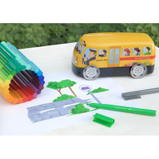 Фломастеры Faber-Castell Connector Школьный автобус 33 цвета 10 клипс