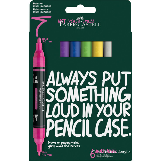 Akrila marķieru komplekts Faber-Castell Multimark, divpusēji, 1-3mm, 6 intensīvas krāsas