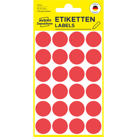 Marķēšanas  uzlīmes Awery Zweckform 3004, Ø18mm, apaļas, 96gab/iep., sarkanas