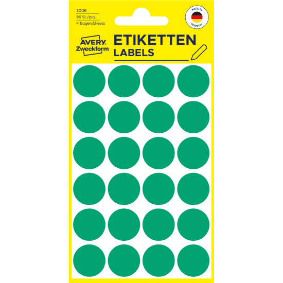 Marķēšanas  uzlīmes Awery Zweckform 3006, Ø18mm, apaļas, 96gab/iep., zaļas