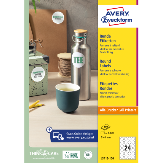 Этикетки Avery Zweckform L3415-100 круглые 40мм 2400шт