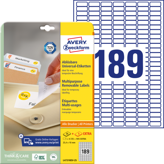 Этикетки Avery Zweckform L4731REV-25 съемные A4 189шт