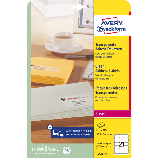 Этикетки Avery Zweckform L7560-25 прозрачные для лазерной печати