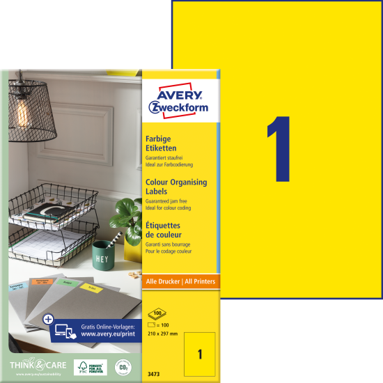 Этикетки Avery Zweckform A4 желтые 100 листов